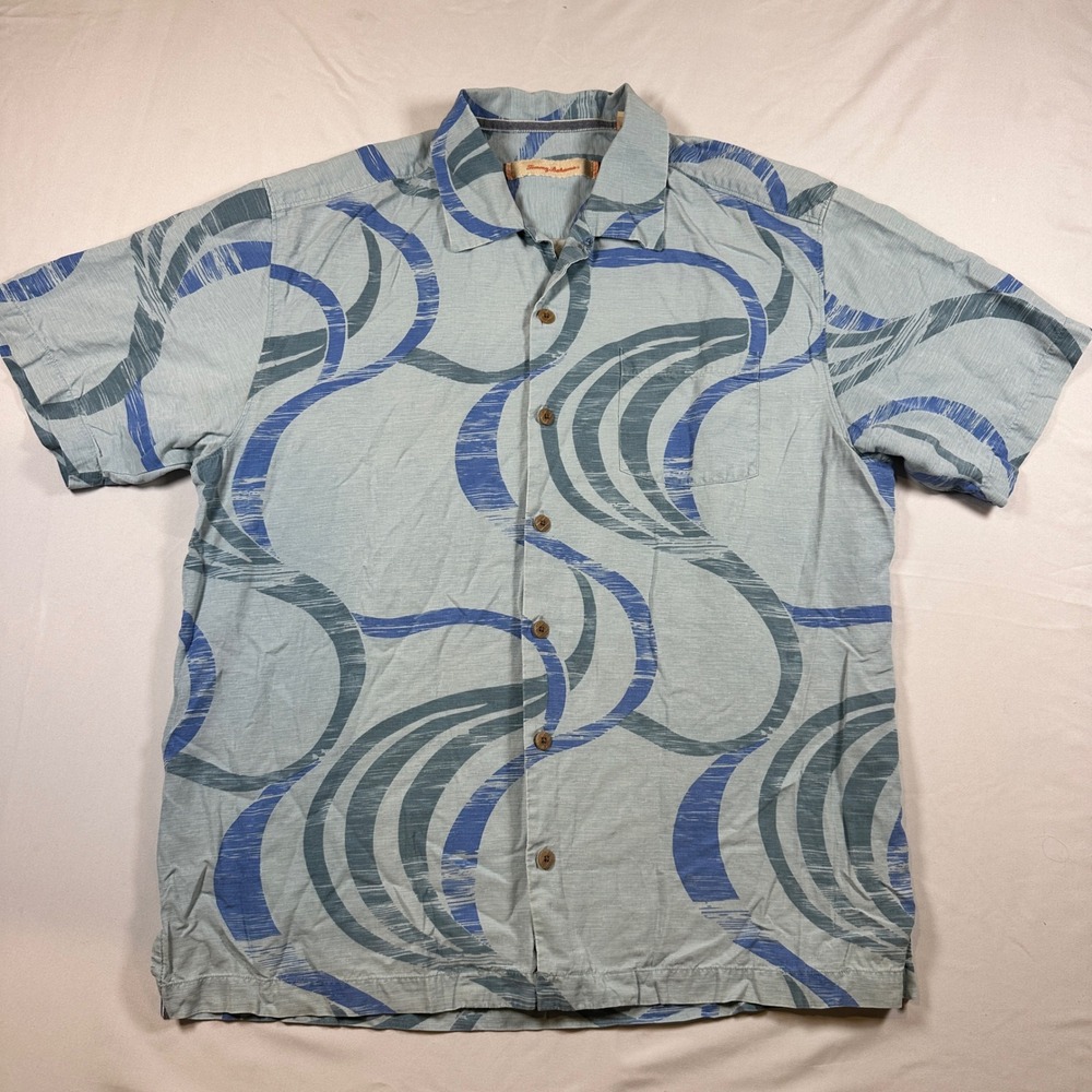 Tommy Bahama Mens Large Silk Camp Shirt Blue Grey Abstract Swirl Short Sleeve